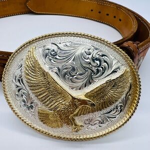 Montana Silversmiths Silver & Gold Eagle Buckle And Tan Leather Belt